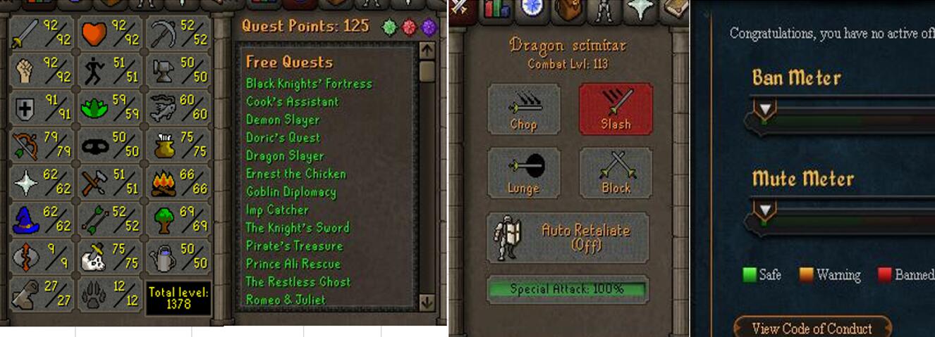 RuneScape CDKey : OldSchool Acc with att92 str92 def91 ranged 79 , it does not bind email ,so it is much safe to buyer.